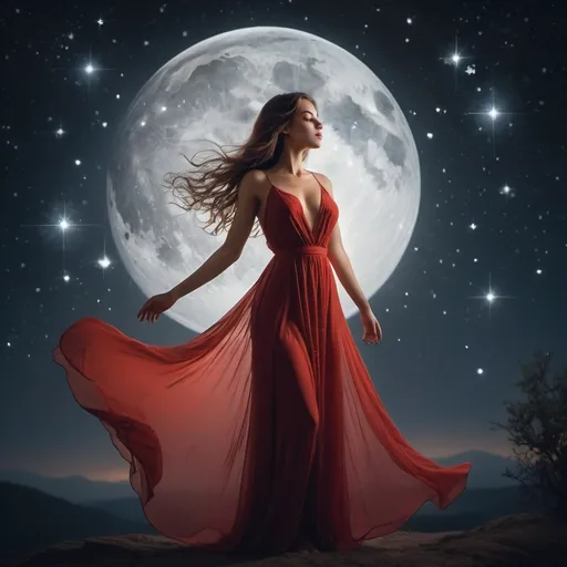 Prompt: In a serene setting beneath a canopy of twinkling stars, a beautiful woman stands illuminated by the soft glow of the moonlight. Her silhouette is striking against the dark night sky, creating a captivating contrast that accentuates her elegance and grace. She has flowing hair that seems to shimmer and dance in the gentle night breeze, reflecting the subtle light of the stars above. Her eyes sparkle with a mysterious allure, mirroring the constellations that dot the sky. Her attire is simple yet elegant, a flowing dress that seems to mimic the movement of the night sky itself. It billows gently around her as she stands, creating a dreamlike aura that adds to her ethereal beauty. As she gazes up at the stars, a sense of wonder and awe fills her expression. Her connection to the universe is palpable, as if she holds a secret understanding of the mysteries of the cosmos. Surrounded by the beauty of the night sky, this woman embodies the timeless allure of the heavens. Her presence is both calming and enchanting, making her a mesmerizing focal point against the backdrop of the starry night. The night has a blood moon feel. It is red in color. she is very pretty you can see her full beautiful curvaceous figure