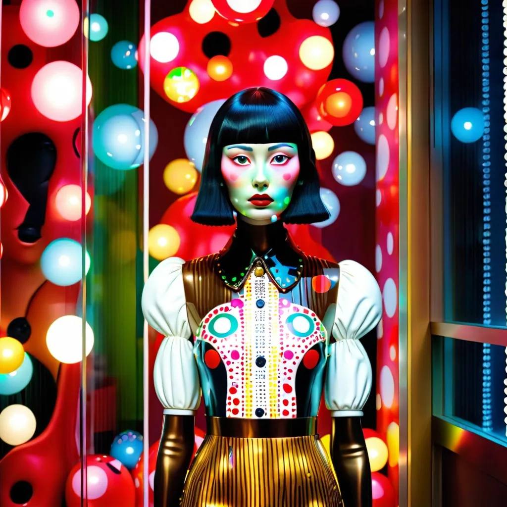 Prompt: Yayoi Kusama inspired, giant mannequin, window display for Louis Vuitton, bright lighting, insanely detailed, fine details, 8k, ultra realistic, commercial photography, professional color grading, --ar 4:5