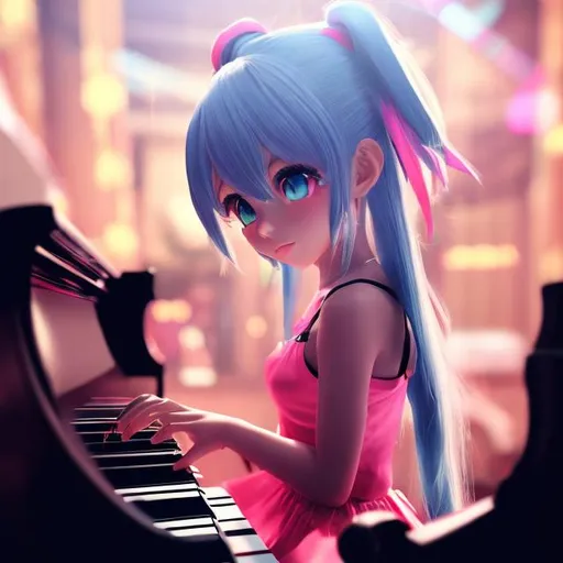 Prompt: anime girl playing piano. maximalist anime style. 8k aesthetic.