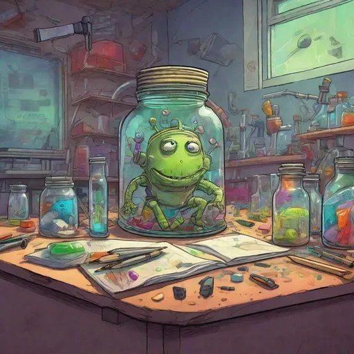 Prompt: Martian specimen, visibly enraged, contained within a glass jar atop a laboratory workbench with equipment scattered around, caricatured website creature portrayed in a whimsical manner, soft thin pencil style, vibrant saturated colors, fractured elements giving a sense of chaos, short depth of field with a clear vanishing point, pronounced vignetting around the edges, lighting offering stark contrast, exceedingly detailed features, hyper-realistic depiction, cinematic lighting.