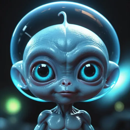 Prompt: Alien blue colour cute baby alien. close-up view style, realistic. his big eyes represent an galaxys,  ((with antennas on his head)), head made of translucent glass, white skin, digital painting featuring 3D model, depth of field, octane render, 8K, ultra clear, concept art with creative nods to William Merritt Chase's oil techniques, trending on Artstation vibe, pop art elements, HD transparency, fantasy themes embracing octane render quality, cinematic lighting casting an otherworldy glow, psychedelic touches, futuristic flair, visionary anime-style character