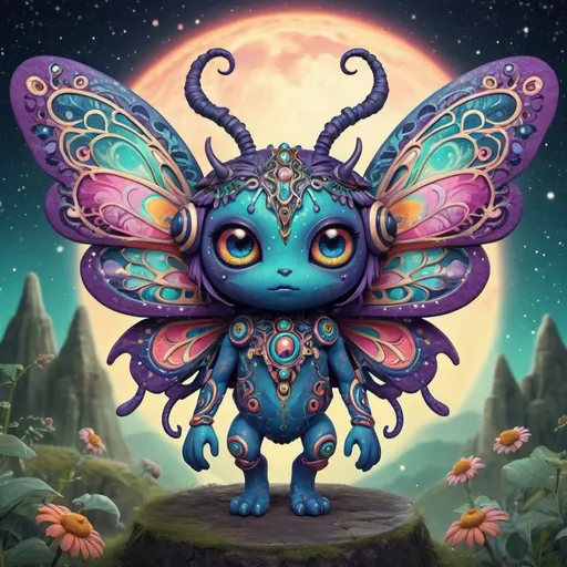 Prompt: mean and evil Fantasy creature,  bohemian with mystical eerie landscape, flying magic insects, kawaii chibi, detailed eyes, vibrant colors, intricate patterns, highres, mystical, whimsical, bohemian, vibrant colors, retro, chibi, celestial, intricate patterns, magic