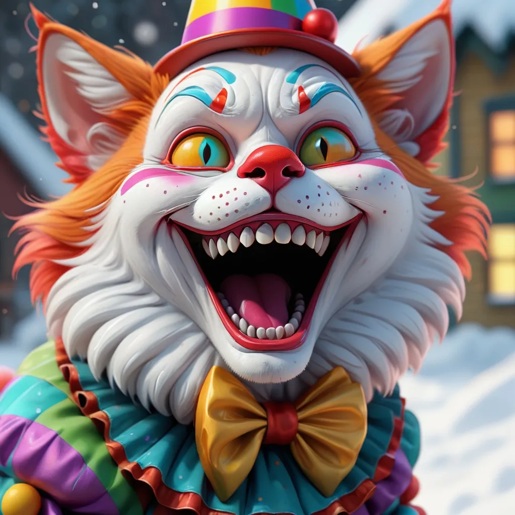 Prompt: Clown cat, happy new year vibes, style by loish, holiday, snow, ultra hd, realistic, vivid colors, highly detailed, UHD drawing, pen and ink, perfect composition, beautiful detailed intricate insanely detailed octane render trending on artstation, 8k artistic photography, photorealistic concept art, soft natural volumetric cinematic perfect light