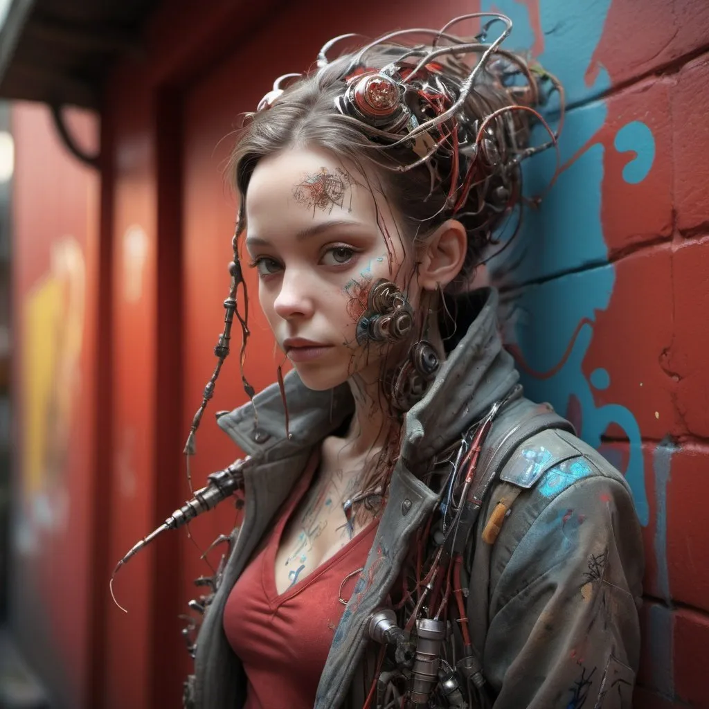 Prompt: my twisted  coat,Art; Jean-Baptiste Monge + Jessica Rossier + Brian Froud; Award-Winning Render; Unreal Engine 3D; Symbolism; Colourful; Polished; Complex; UHD; D3D; 16K", full color painting of biomechanical cyborg,gaisha, (((Graffiti art) (by Carne Griffiths))), red wall background, insane details, intricate details, hyperdetailed, low contrast, soft cinematic light,, exposure blend, hdr, front