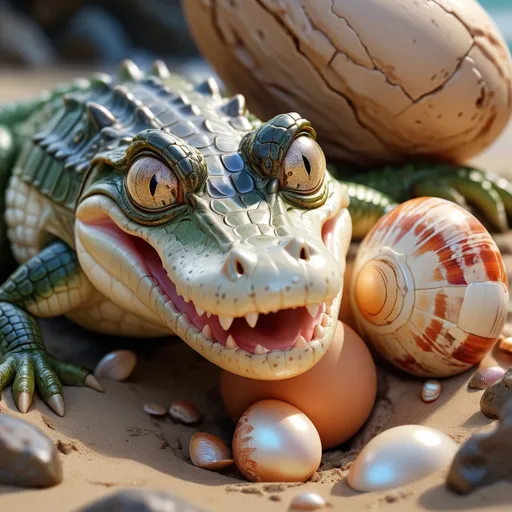 Prompt: newborn crocodile hatchlings hatching from an egg on the ground, gorgeous dazzling pearl, beautiful close-up of their eyes, seashore in the background, seashells, tail in attack position, next to a rock, earthy background, 8k, Digital Art by Lily, ultra hd , realistic, vibrant colors, highly detailed, UHD artwork, pen and ink, perfect composition, beautiful, detailed, intricate, incredibly detailed octane rendering trending on artstation, 8k artistic photography, photorealistic concept art, soft, natural volumetric cinematics perfect light, ultra hd, realistic, vivid colors, highly detailed, UHD drawing, pen and ink, perfect composition, beautiful detailed intricate insanely detailed octane render trending on artstation, 8k artistic photography, photorealistic concept art, soft natural volumetric cinematic perfect light