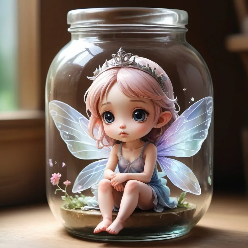 Prompt: a small fairy princess trapped in a jar, large jar, perfect face, perfect anatomy, lovely wings, wings folded down, sitting down, chibi, perfect art, watercolor, anime, 8k, masterpiece, intricately detailed, big eyes