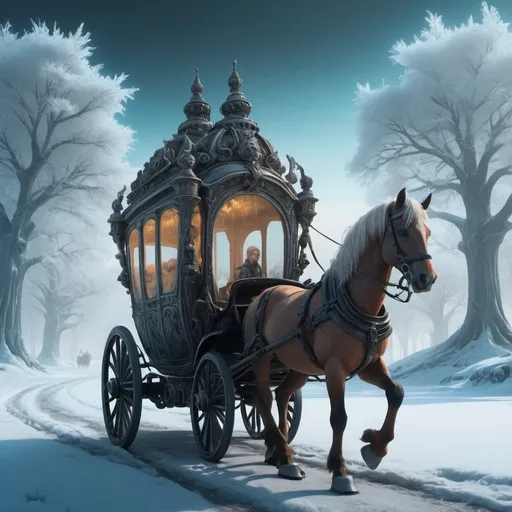 Prompt: Frozen fantasy world with a carriage, cute flaffy horses with big eyes, baroque style, perfect composition, beautiful detailed intricate insanely detailed octane render trending on artstation, 8 k artistic photography, photorealistic concept art, soft natural volumetric cinematic perfect light, chiaroscuro, award - winning photograph, masterpiece, oil on canvas, raphael, caravaggio, greg rutkowski, beeple, beksinski, giger