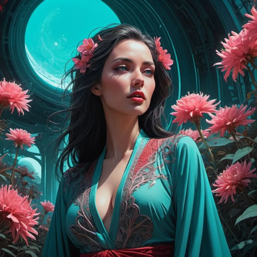Prompt: art by Kilian Eng, John Harris,  
Head to shoulders shot. Cinematic. Stunning lady, beautiful expressive eyes, full lips, long robe in wind, flowers in alien botanical garden.magic hour lighting, backlit, turquoise and red and lite pink, intricate ornate details, sf, fantasy artwork, futuristic. Dark deep colors,
, ultra hd, realistic, vivid colors, highly detailed, UHD drawing, pen and ink, perfect composition, beautiful detailed intricate insanely detailed octane render trending on artstation, 8k artistic photography, photorealistic concept art, soft natural volumetric cinematic perfect light