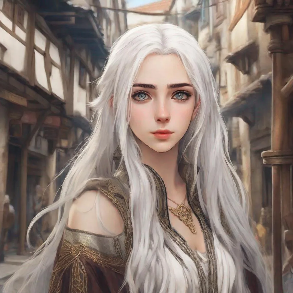 Prompt: beautiful 20 year old women with white hair, white eyebrows, light skin, realistic, ultrarealistic, high quality art, bright eyes, long hair, beauty, real, long hair, symmetrical, anime wide eyes, fair, delicate, medieval, standing on a busy street of an ancient city