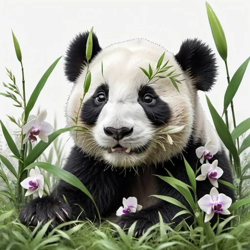 Prompt: A playful panda cub rolling in a field of wildflowers. The scene is captured in a detailed, micro style with intricate floral patterns blooming around the cub. The image is double exposed with a soft grayscale background, and the cub's fur has subtle green and sunny highlights. The style is sharp, volumetric, and 3D, with a single perspective view. A white background with thin green outlines of orchids and bamboo frames the image
