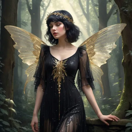 Prompt: Realistic image Near a ruin In the heart of a dense  forest , where beams of sunlight danced through the trees, there lived a small  beautiful sad widow  fairy With black hair,  With shimmering wings that sparkled like the morning dew and a gossamer shimmering flapper sheer sleeves, layers and ruffles dress made of black shimmering gossamer  and gold details, she was a creature of pure magic and beauty, in the painted style of Annie Stegg