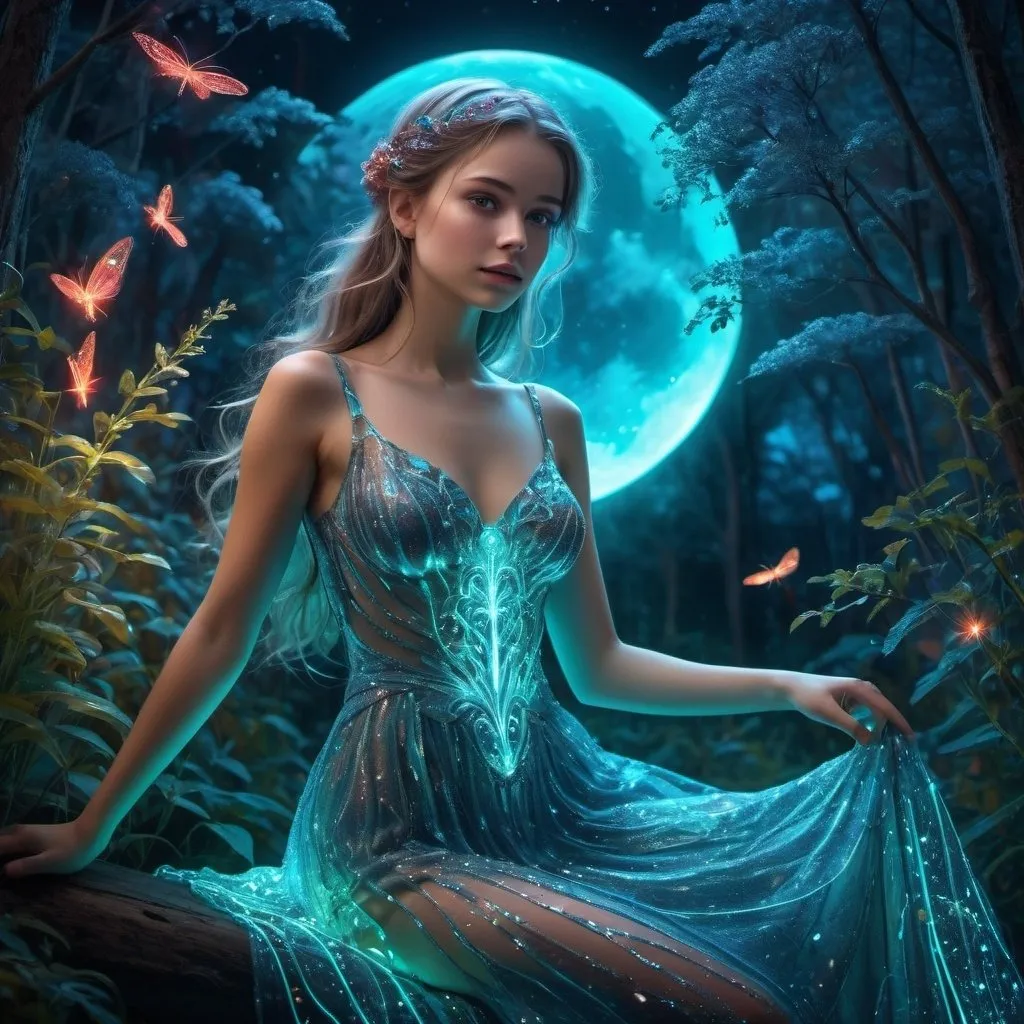 Prompt: beautiful girl in a sparkling dress made of neon luminous threads and with a train, electric glow, moon, glitter, high detail, clear features, fantasy, neon light of unknown plants, beautiful forest, mother-of-pearl, turquoise, azure colors, 3D, high resolution, high ultra-detail , ,art nouveau, rainbow lighting, fantastic glowing fireflies, magical moonlight, highest quality detail, 8k in red, beautiful girl in a sparkling neon dress. blue