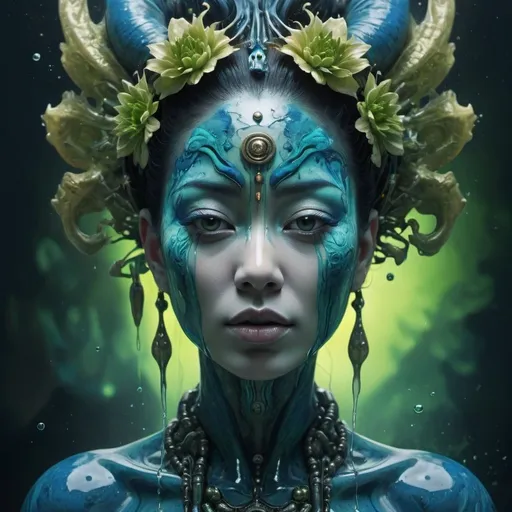 Prompt: the silence of the depths of the subconscious,  full-body biopunk shaman geisha, large cute eyes, rich blue swamp, pond,  bright green water intertwining in tropical fractals, surrealism, sharpness, splash effect, Sea, extremely smooth, fluid, 3d fractals, light particles, dreamy, ink, smooth, shimmering, dreamy glow, conceptual art by alberto seveso, anna dittmann, arthur rackham, Juan Miro, 16k, oil painting, heavy strokes, paint dripping, oil painting, heavy strokes, paint dripping, dramatic lighting, artictic, intricated, golden glowing, sf, intricate artwork masterpiece, ominous, matte painting movie poster, golden ratio, trending on cgsociety, intricate, epic, trending on artstation, by artgerm, h. r. giger and beksinski, highly detailed, vibrant, production cinematic character render, ultra high quality model, Miki Asai Macro photography, close-up, hyper detailed, trending on artstation, sharp focus, studio photo, intricate details, highly detailed, by greg rutkowski