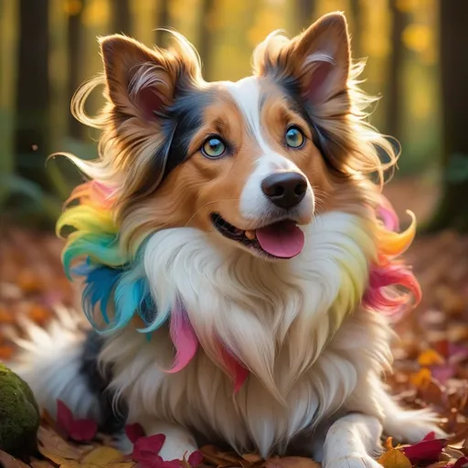 Prompt: "In the enchanting realm of fur and wagging tails, a magical dog steps into existence. Its coat, a symphony of colors woven by the hands of nature, and its eyes, sparkling with a mischievous gleam, transport onlookers to a world where wonder and joy dance together. This ethereal canine, a furry muse of dreams, leaves an indelible mark on hearts, turning ordinary moments into extraordinary memories."