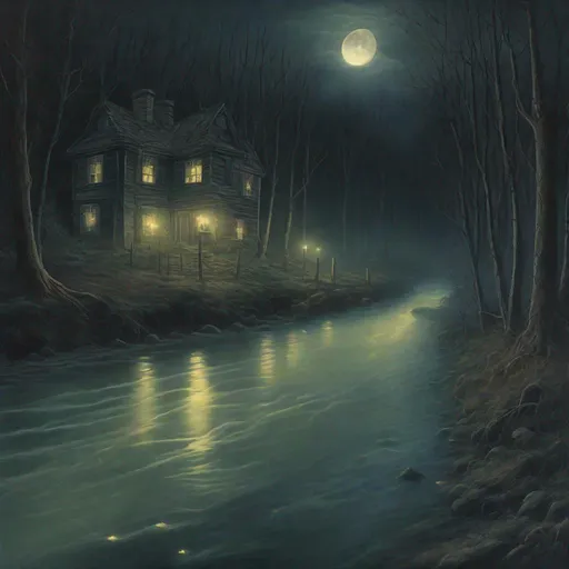 Prompt: Ineffable, Tonalism, a river running through a forest under a full moon, horror artwork, floating candles, dark road, location of a dark old house, dramatic ambient light, creeping gloom, treacherous road, stream of water, hexglow, moonshine