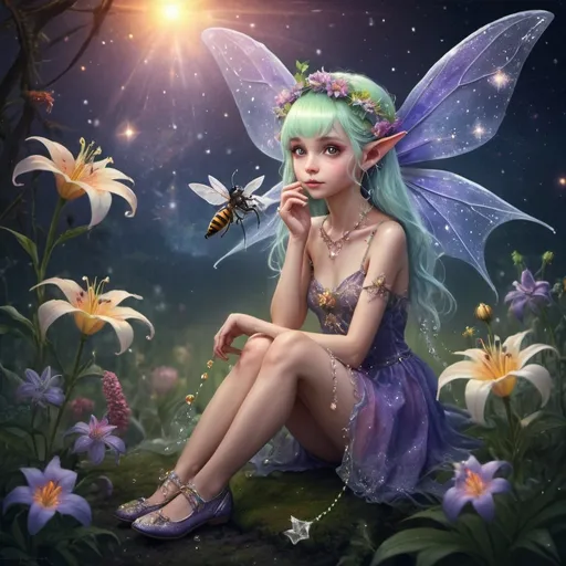 Prompt: colors of the universe, milky way, big and small star chariot, cosmic, fantasy world of the universe 82K, everything is as small as in the ant world, about 1 cm big flower elf, on the feet, lupine shoes, tied with a thread of spider webs, dew beads in the hair. sitting in the middle of a lily and feeding a little dragon with pollen, an elf with tiny wings, a fairy the size of a bee, a fantasy world, with a flower swallow hat on his head, little elf ears. All around a dewy glow, diamonds, pearls, a mist of lace.