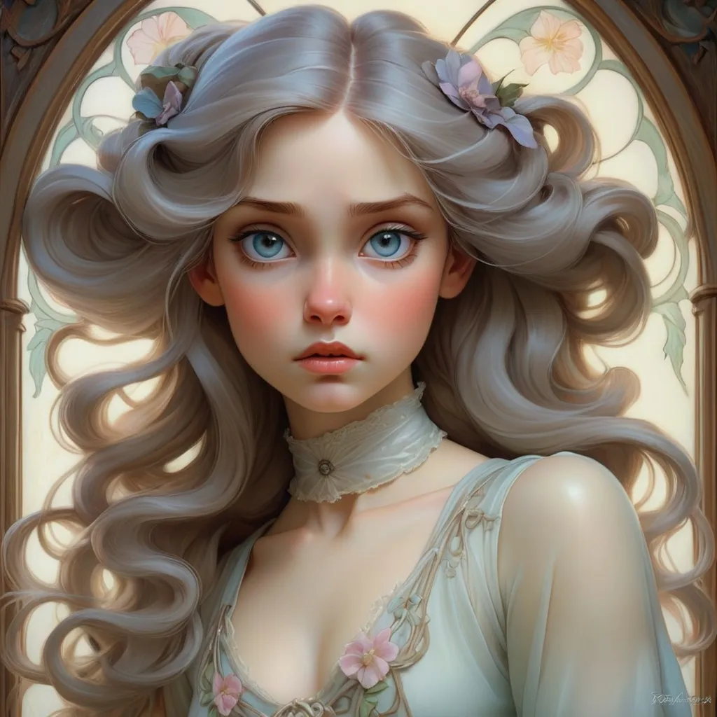 Prompt: Beautiful young victorian/renascence/art nouveau girl, pastel translucent clothes, impeccable hair, powerfull, vivacious realistic eyes, complex, porcelain skin, chiaroscuro, by Magali Villeneuve, Bisson, Rebecca Guay, Jeffrey Catherine Jones, Kim jung gi, Frank frazetta, Stanley Artgerm, Audrey Kawasaki