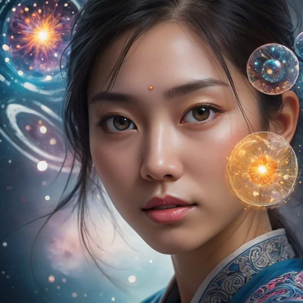 Prompt: She has a cosmic aura radiating with gentle light flow, by TanvirTamim, calligraphy, acrylic: chinese ink color art, by greg rutkowski, Might produce some random potatoes when remixed !!, Miki Asai Macro photography, close-up, hyper detailed, trending on artstation, sharp focus, studio photo, intricate details, highly detailed, by greg rutkowski