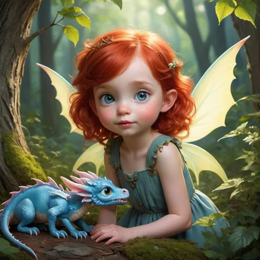 Prompt: One sunny morning, a soft whimper broke the tranquility of the forest.Little red hair fairy's delicate ears perked up as she followed the sound, her eyes widening with concern. Behind a bush, she discovered a tiny baby dragon, its blue scales shimmering in the sunlight. The dragon's big eyes held a mix of fear and curiosity, capturing Rosie's heart.