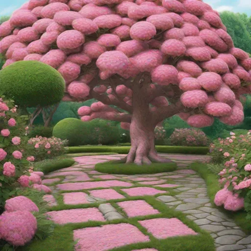 Prompt: tree :: strawberry pink covered pretzel, covered in pink flowers, growing in a beautiful garden with stone paths + green hedges, tranquility