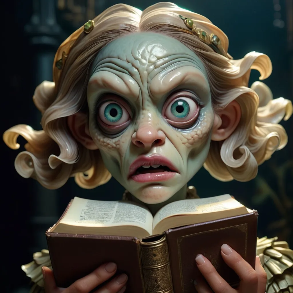 Prompt: photorealism, an anthropomorphic lady fishface hybrid creature holding a bible, extremely realistic, sharp details, shot by Steven Klein and Nan Goldin, intricately detailed background, photorealism, insanely detailed face, perfect pupils, expressive eyes, ambient lighting, intricately detailed location, HD, 8k