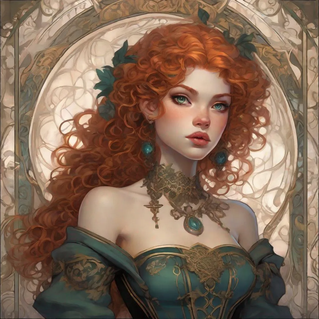 Prompt: a modern gothic lolita version of Princess Merida, face, fantasy, intricate, elegant, highly detailed, digital painting, artstation, concept art, smooth, sharp focus, illustration, art by Gerald Brom and Jasmine Becket-Griffith and Fernanda Suarez and alphonse mucha