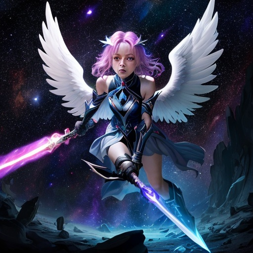 Prompt: A lost angel in the depths of space wielding a forbidden weapon with the power of the stars in it Fang Blade Havoc