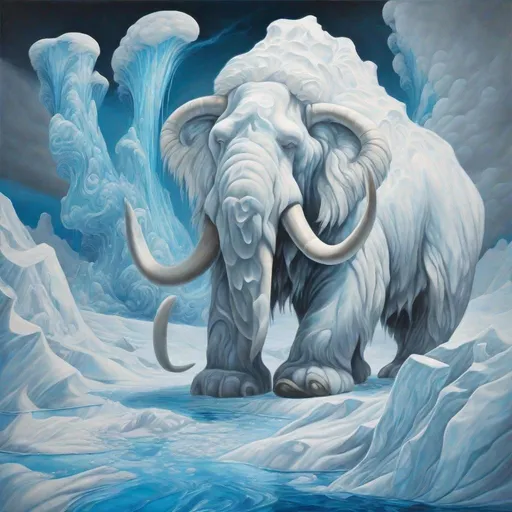 Prompt: coherent composition (mammoth + iceberg valley), in the style of Roerich flow art, liquid acrylic, mammoth with luxurious white hair, huge luxurious ice floes (fractal smoke + thread + liquid acrylic), fractal ice +snow+ tornado white petals, azure path, polar day, airy, beautiful, exciting, hyperrealism, detailed drawing