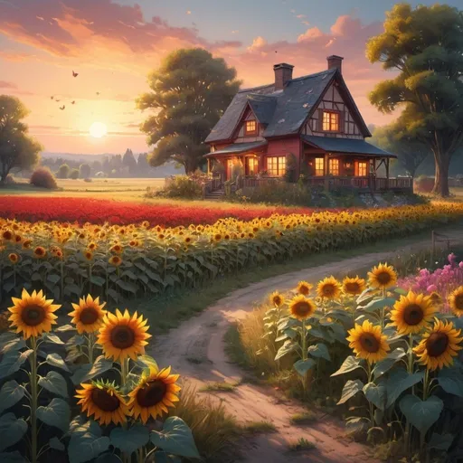 Prompt: A peaceful landscape: the sun gently setting, casting a warm and inviting red glow across the sky. A field filled with vibrant sunflowers, where butterflies playfully perch on the blooms. In the distance, a charming cottage surrounded by colorful flowers. The artistry of watercolor brings this scene to life, a trending masterpiece on ArtStation. The focus is sharp, capturing every delicate detail, as if photographed in a cozy studio. The work of the skilled artist Greg Rutkowski continues to inspire with its hopeful and heartwarming essence., ultra hd, realistic, vivid colors, highly detailed, UHD drawing, pen and ink, perfect composition, beautiful detailed intricate insanely detailed octane render trending on artstation, 8k artistic photography, photorealistic concept art, soft natural volumetric cinematic perfect light