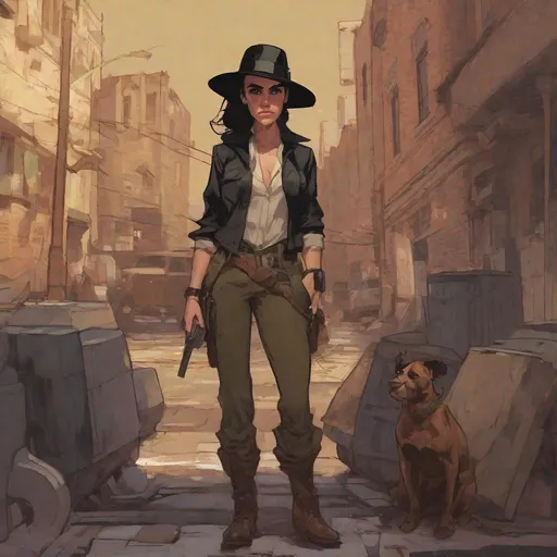 Prompt: Highly detailed portrait of a sewer emo punk lady mercenary, Jennifer Connelly, full body shot, tan skin, black fedora, 1920s, waistcoat, slacks, brown derby shoes, severe bun haircut, black hair, by atey ghailan, by greg rutkowski, by greg tocchini, by james gilleard, by joe fenton, by kathe butcher, gradient black, brown, umber color scheme, grunge aesthetic!!!  1920s city raining background