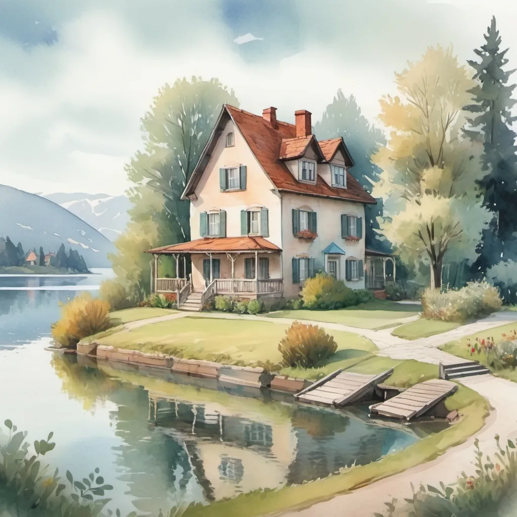 Prompt: strybk, a picture of a beautiful  house with a view of the lake
"A PICTURE like an oil painting", kids story book style, muted colors, watercolor style