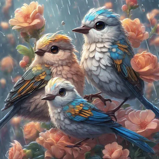 Prompt: A family of cute little birds gathered in the rain, cute and adorable, filigree, long striped tail, reflective eyes, flowers, rim lighting, lights, extremely fluffy, detailed eyes. magic, surreal, fantasy, digital art, wlop, artgerm and james jean, ultra hd, realistic, vivid colors, highly detailed, UHD drawing, pen and ink, perfect composition, beautiful detailed intricate insanely detailed octane render trending on artstation, 8k artistic photography, photorealistic concept art, soft natural volumetric cinematic perfect light, sf, intricate artwork masterpiece, ominous, matte painting movie poster, golden ratio, trending on cgsociety, intricate, epic, trending on artstation, by artgerm, h. r. giger and beksinski, highly detailed, vibrant, production cinematic character render, ultra high quality model, Miki Asai Macro photography, close-up, hyper detailed, trending on artstation, sharp focus, studio photo, intricate details, highly detailed, by greg rutkowski, Watercolor, trending on artstation, sharp focus, studio photo, intricate details, highly detailed, by greg rutkowski