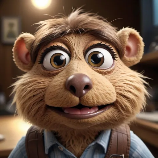 Prompt: a Muppet beaver/human morph wide eyed paying attention, in the style of cartoon realism, disney animation, hyper-realistic portraits, 32k uhd, cute cartoonish designs, wallpaper, luminous brushwork --ar 2:1