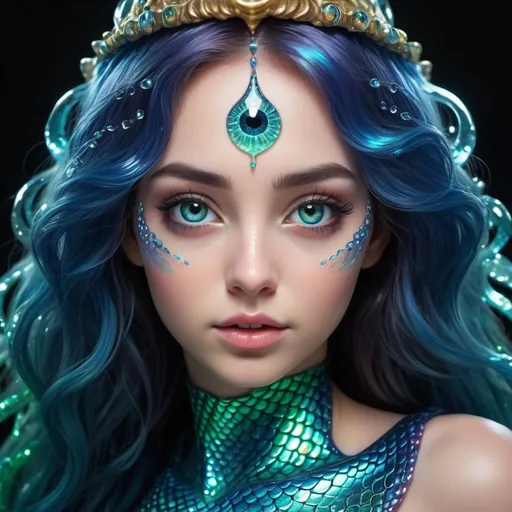 Prompt: Photo of a beautiful majolica prismatic deepsea color-changing glowing mermaid with translucent fishtail instead of legs emitting glowing cosmic energy and radiance with glowing fractal glass elements, awe inspiring sense of beauty, flawless masterpiece, UHD, hyperdetailed face, hyperdetailed eyes, bacteria art style, galaxy, wide_hips, 35mm digital photograph, sharp focus on eyes, pandora, big eyes, cute face