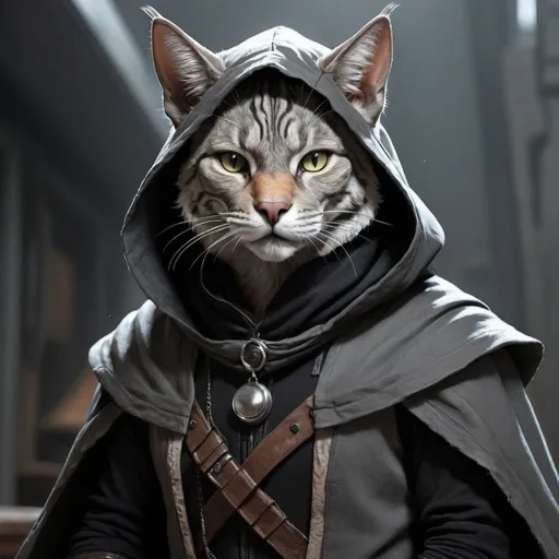 Prompt: A realistic looking Grey Tabaxi Rogue wearing a black cloak with the hood up that looks like from a 1970s science fiction movie