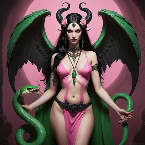 Prompt: REGAL , DARK Goddess Lilith in pink holding a snake with green eyes, wings, horns & black hair and full body image 