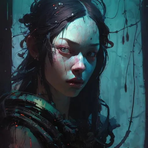 Prompt: closeup illustration of a pitch darkness portrait ,  fluorescent handprint on model's face,   serpan warrior, grunge, atey ghailan, Art by Jock,  pino daeni , art by lois van baarle and loish and ross tran , Charles Vess, Chiho Aoshima , Kay Nielsen, dark ambient, chiaroscuro, Simon Bisley, and H.R. Giger. insist artstation, art by stanley artgerm, painting by daniel f gerhartz,  art by Andrew Atroshenko, 

