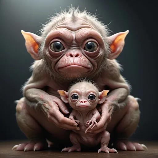 Prompt: "Extremely Ultrarealistic Photorealistic cute little ugliest creature holding its own baby professional photography, natural lighting, volumetric lighting maximalist photo illustration 8k resolution concept art intricately detailed, complex, elegant, expansive, fantastical"