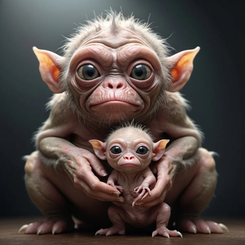 Prompt: "Extremely Ultrarealistic Photorealistic cute little ugliest creature holding its own baby professional photography, natural lighting, volumetric lighting maximalist photo illustration 8k resolution concept art intricately detailed, complex, elegant, expansive, fantastical"