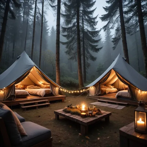 Prompt: High quality, 8K Ultra HD, cosy grey tents, pillows, string lights, blankets, big windows with deep forests on rainy autumn nights, mysterious