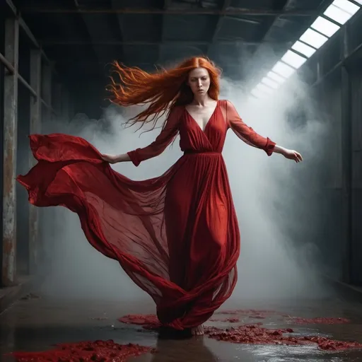 Prompt: a young beautiful woman long red hair flowing dressed in a red draped flowing dress levitating in a dark industrial environment front view full body fog blood and rust