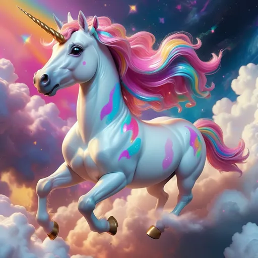 Prompt: a beautiful hyper realistic unicorn in the style of Disney and Lisa Frank running through clouds in space