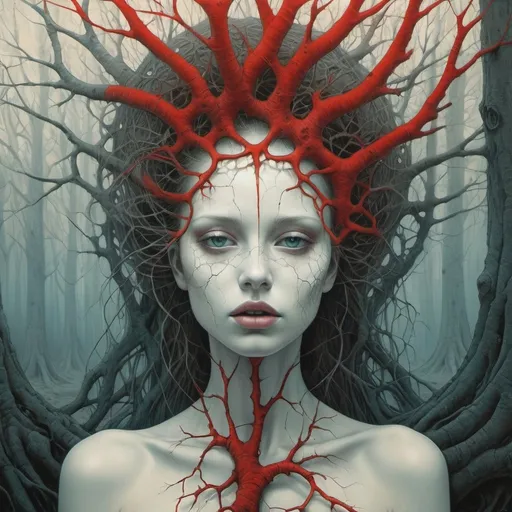 Prompt: neon And Pencil Drawing Of A Intensely Beautiful Girl With Cracked Porcelain Skin With interloker in Tree Roots For Hair In The Style Of Zdzislaw Beksinski,of fear, Inspired By Ray Caesar, Trending On Cg Society, With A Red Halo Over Her Head, Amano And Karol Bak, Wearing A Bejeweled Mask, surreal hallucinatory intricately detailed sharp focus""