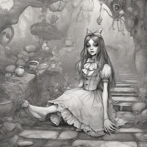 Prompt: ((realistic)) ((highly detailed)) ((Breathtaking beautiful attractive close-up full-body)) ((high-tripping ((in a smokey area)) Bohemian Disney Princess ((American Mcgee's Alice)) in Wonderland (((blowing smoke from her mouth))) sitting with leg dangle with one leg dangling off the ground sitting on a giant mushrooms growing)) ((pin-up art)) ((by Brian Kesinger)), ((by Android Jones)), ((by Alayna Lemmer)), ((by Hannah Yata)), ((by Charlie Bowater)), ((by Jimmy Lawlor)), ((by John William Waterhouse)), ((detailed background by Jeff Legg)), (wearing flower hair wreath) and (hemp and mini-dress) and ballet flats, Marijuana growing.