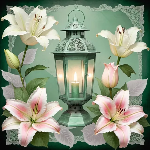 Prompt: Art by mantautas, background jade green old paper, soft grey smoke. old lantern, green leaves, white rose, pink lily, blossom branch, floral collage art, elegant, french lace, sharp, shadows, hyper photorealis, masterpiace, very detailed