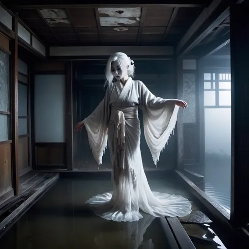 Prompt: Night photo of a Ghost, headless, pale skin, silver grey hair, wearing a white long flowing laced fashion Kimono, in a high-fashion pose in a haunted hauntingly abandoned rotting peeling-paint water-damaged Japanese house in a sea of dense fog, submerged to her knees at night.