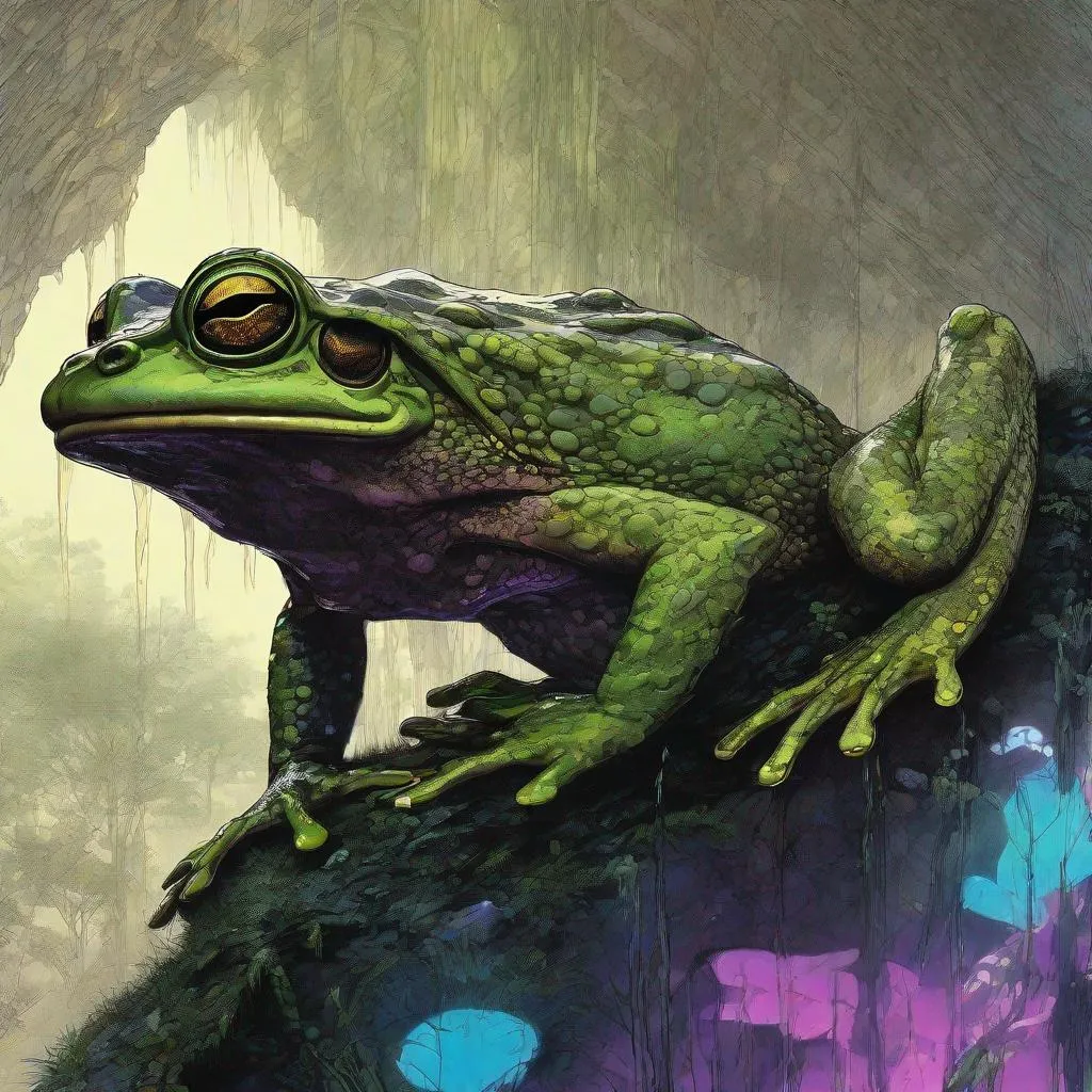 Prompt: Double-exposure; high-angle glossy vietnamese_mossy_frog cross with amphibious_dragon, waterfalls, intense blacks, nighttime; sepia, amber, golden brown, blue-grey, green, cold purple neon light; sergio toppi, jae lee, david mack, joe chiodo, humberto ramos, Makoto Shinkai, J.C. Leyendecker, ilya Kuvshinov, Royo, Karol Bak, Alphonse Mucha, Jordan Grimmer, Greg Rutkowski