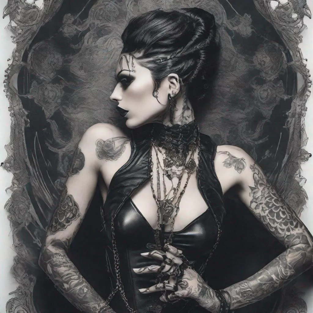 Prompt: 
A fierce and unique gothic woman with a dark aura, her body adorned with intricate tattoos and her clothing a mix of leather and lace. Her hair is styled in a dramatic updo, with hair jewelry adding to her striking appearance.