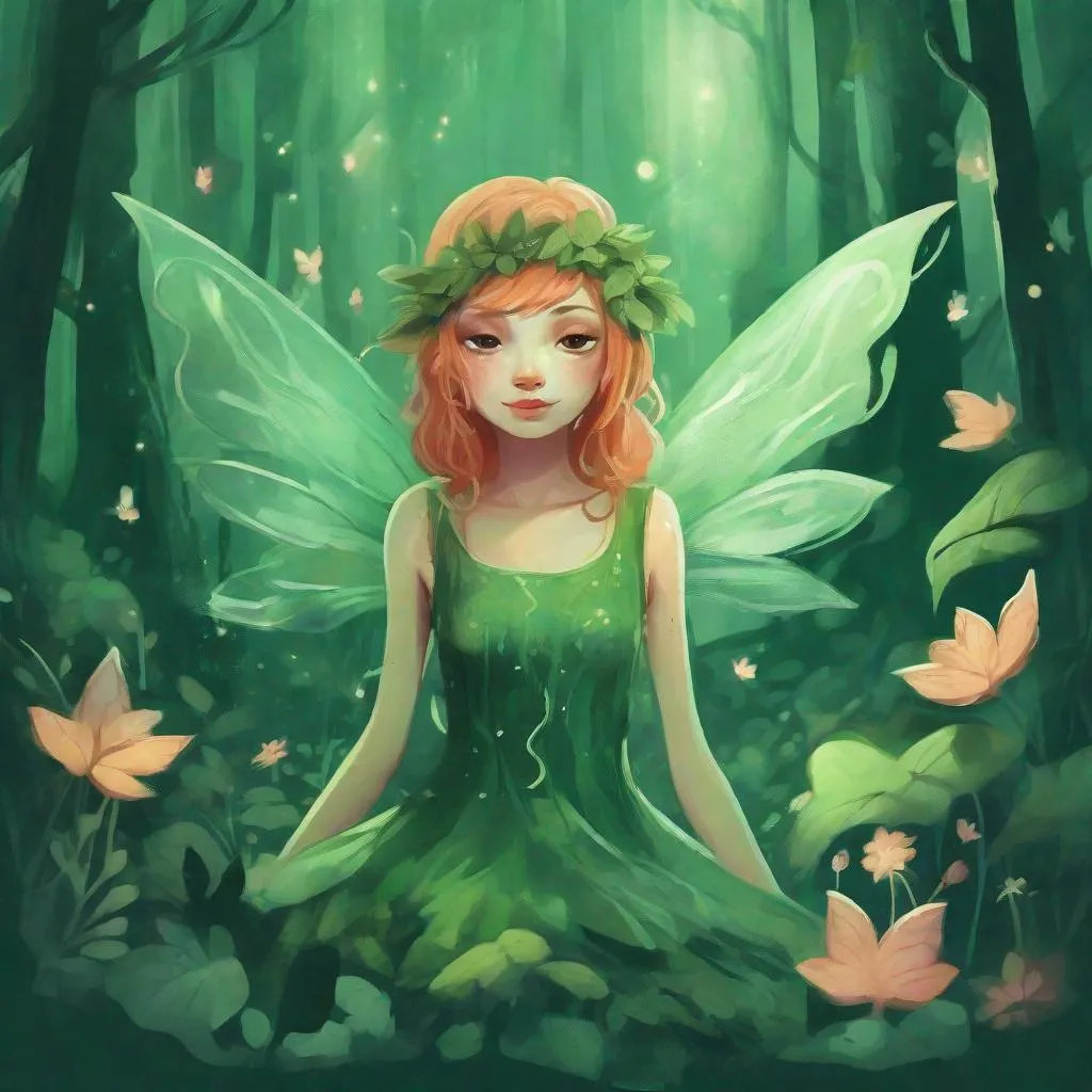 Prompt: tiny fairy in the deep green dreamy forest, dreamlike, stylized, character design, fantasy