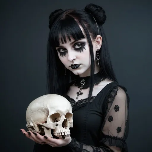 Prompt: Soft goth girl holding skull 
